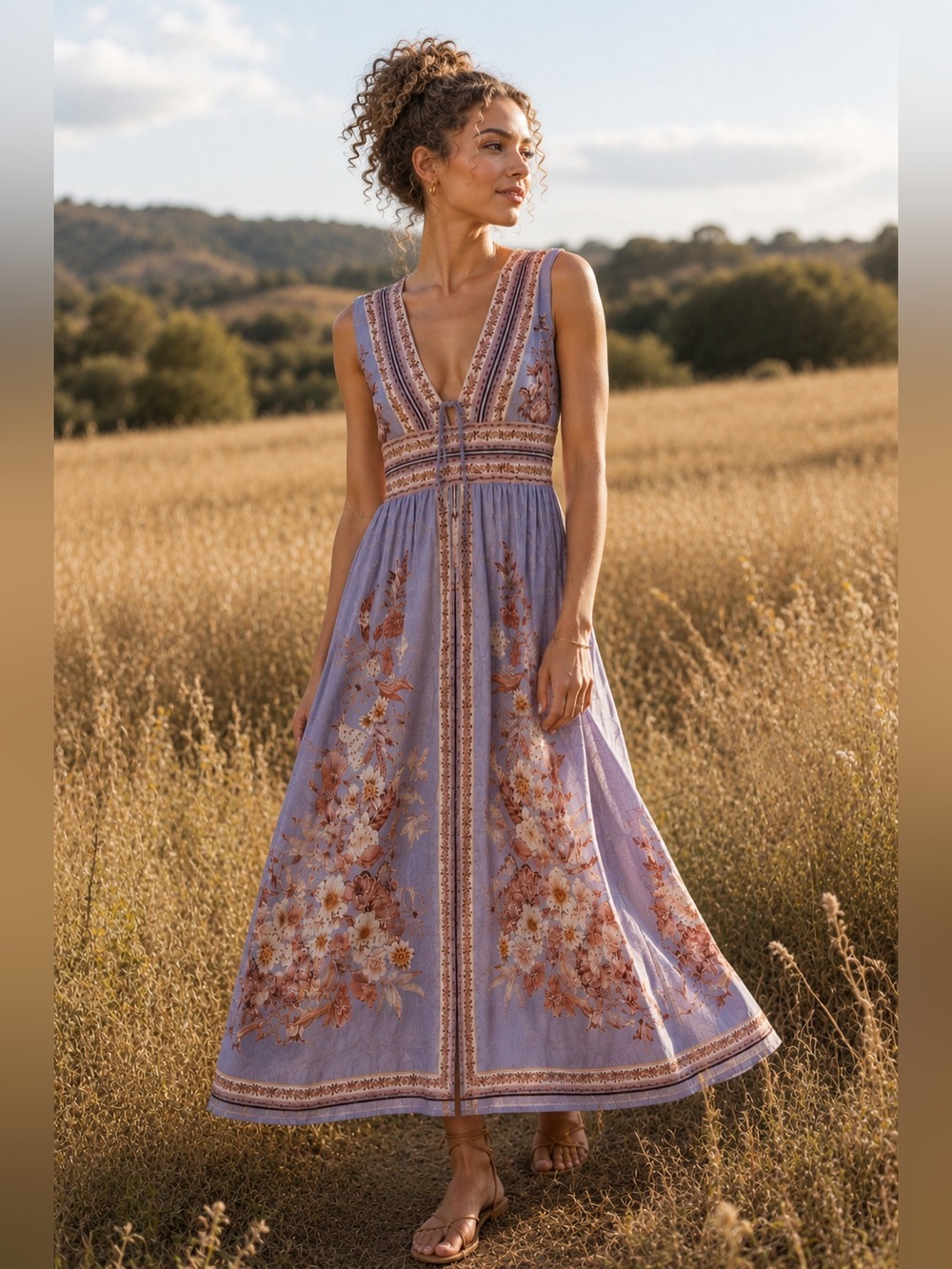Caroline Constas Lavender / Blue Floral Embroidered Maxi Dress